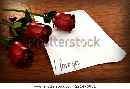 love message with vintage paper and three roses - 3D render
