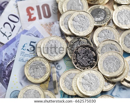 UK pound coins and notes used to illustrate consumer spending and saving.