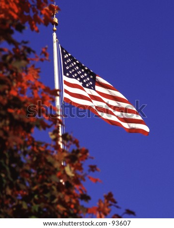 Vertical American flag with autumn foliage