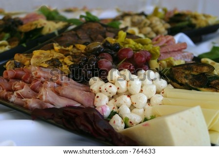 Close-up photo of antipasto tray on a buffet.
