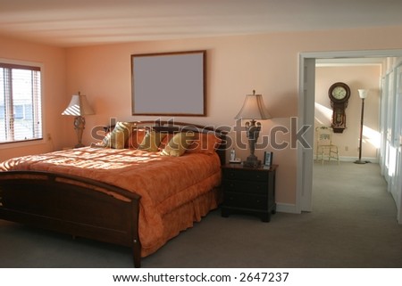 Bedroom interior design. Frame over bed is blank.