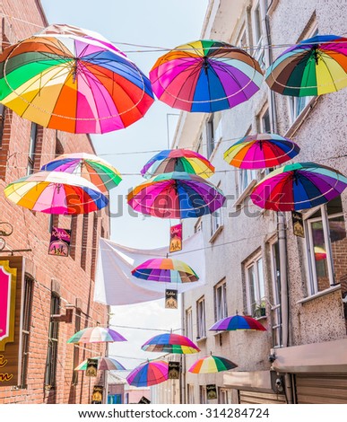 ISTANBUL, TURKEY - JUNE 20: Umbrellas near street cafe on June 20, 2015 in Istanbul, Turkey