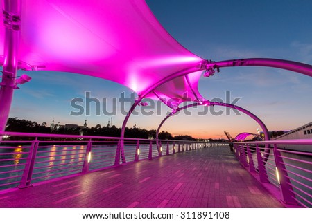 Tampa riverwalk in downtown Tampa Florida at sunset