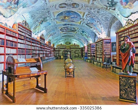 March 21, 2012: Editorial Illustration Color Painting on Sandstone Texture of Old Strahov Monastery Library in Prague, Czech Republic
