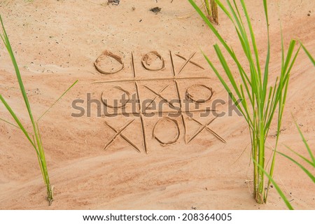 X and O game on the sand in rice vole
