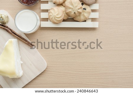 Top view of Crape cake and Home made cookies on wooden table for background