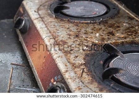 Close up of very dirty gas burner in the kitchen