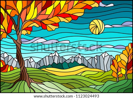 Illustration in stained glass style with autumn landscape,  tree on mountain landscape and Sunny sky background