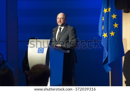 BRUSSELS, BELGIUM. January 27, 2016. The President of the European Parliament Martin Schulz speaking at the International Holocaust Remembrance Day ceremony in the European Parliament in Belgium.