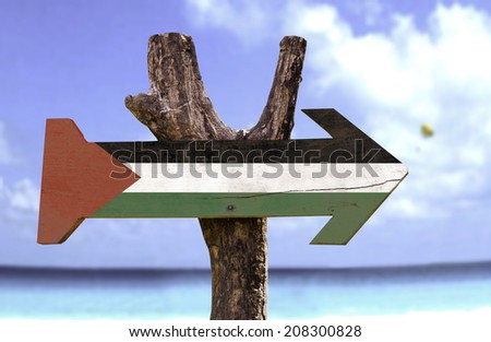 Palestine wooden sign with river on background