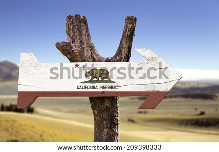 California State wooden sign with a forest on background