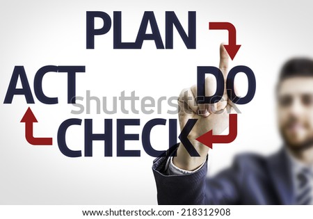 Business man pointing to transparent board with text: Plan Do Check Act