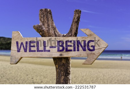 Well-Being wooden sign with a beach on background