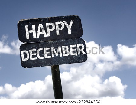 Happy December sign with clouds and sky background
