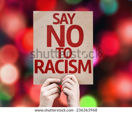 Say No To Racism card with colorful background with defocused lights