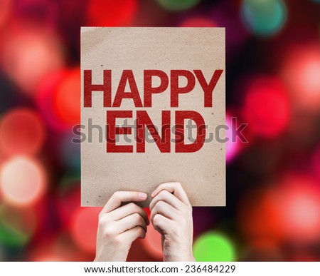 Happy End card with colorful background with defocused lights