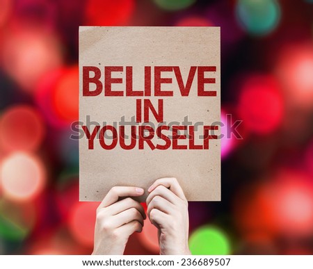 Believe In Yourself card with colorful background with defocused lights
