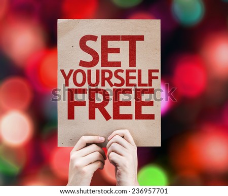 Set Yourself Free card with colorful background with defocused lights