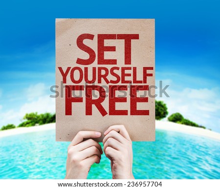 Set Yourself Free card with a beach on background