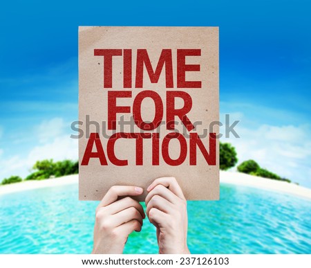 Time For Action card with a beach on background