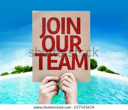 Join Our Team card with a beach on background