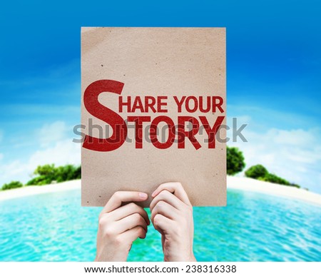 Share Your Story card with a beach background