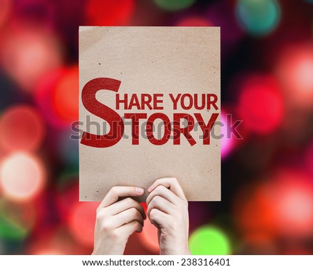 Share Your Story card with colorful background with defocused lights