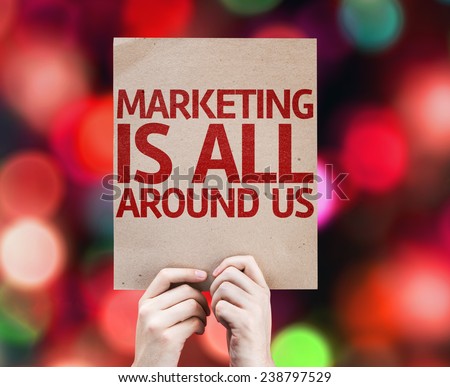 Marketing is All Around Us card with colorful background with defocused lights
