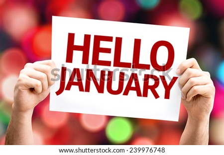 Hello January card with colorful background with defocused lights
