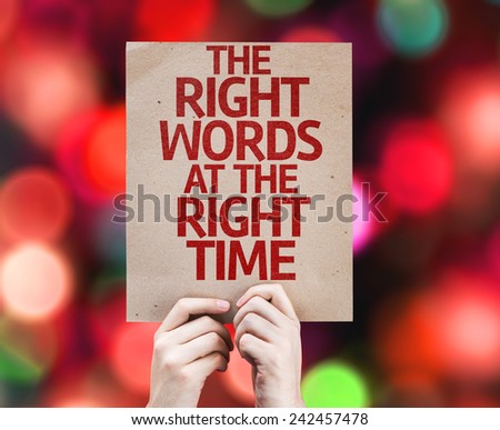 The Right Words At The Right Time card with colorful background with defocused lights