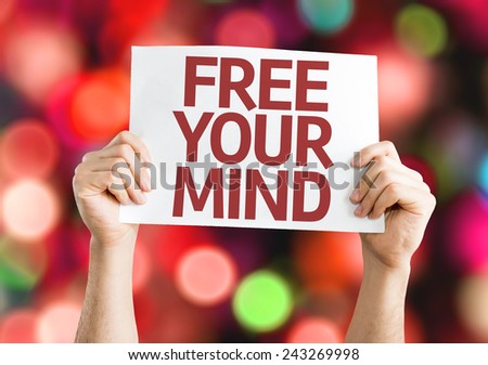 Free Your Mind card with colorful background with defocused lights