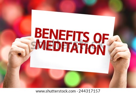 Benefits of Meditation card with colorful background with defocused lights