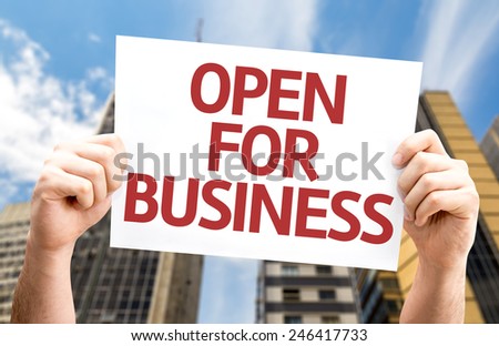 Open for Business card with a urban background