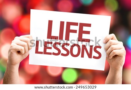 Life Lessons card with colorful background with defocused lights