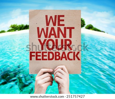 We Want Your Feedback card with beach background