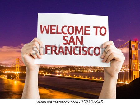 Welcome to San Francisco card with Golden Gate Bridge background