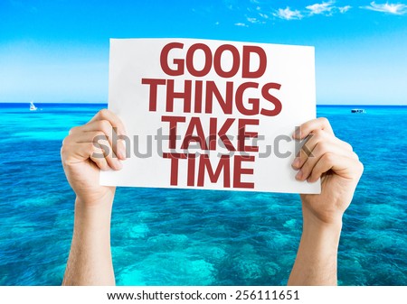 Good Things Take Time card with beach background
