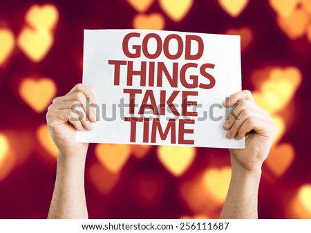 Good Things Take Time card with heart bokeh background