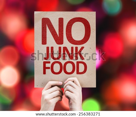 No Junk Food card with colorful background with defocused lights