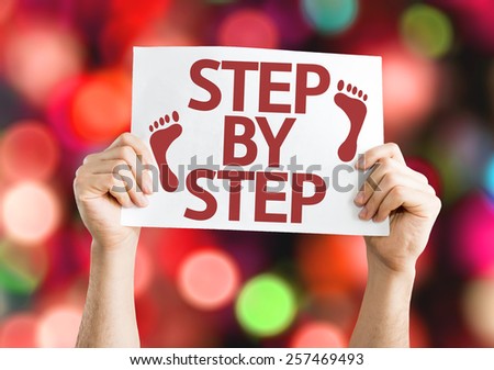 Step By Step card with colorful background with defocused lights