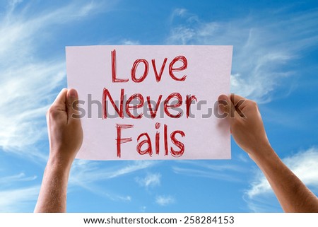 Love Never Fails card with sky background