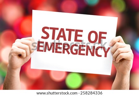 State of Emergency card with colorful background with defocused lights