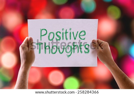 Positive Thoughts card with colorful background with defocused lights