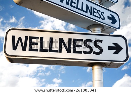 Wellness direction sign on sky background
