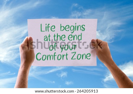 Life Begins at the End of your Comfort Zone card with sky background