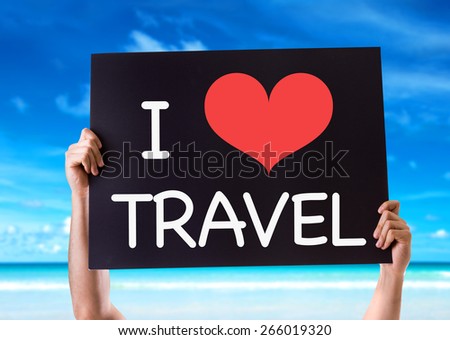 I Love Travel card with beach background