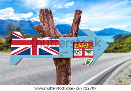Fiji Flag wooden sign with road background