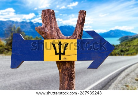 Barbados Flag wooden sign with road background