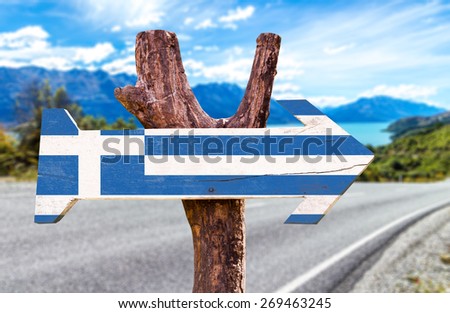 Greece Flag wooden sign with road background