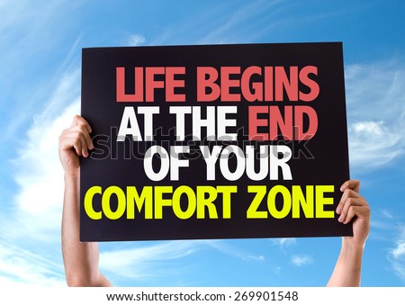 Life Begins at the End of Your Comfort Zone card with sky background